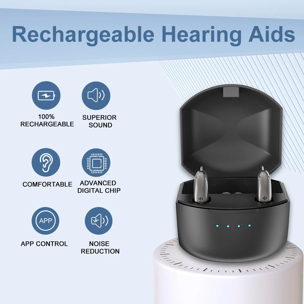 Uppladdningsbara Bluetooth-hörselhjälpmedel för äldre med appkontroll och 4 ljudlägen
