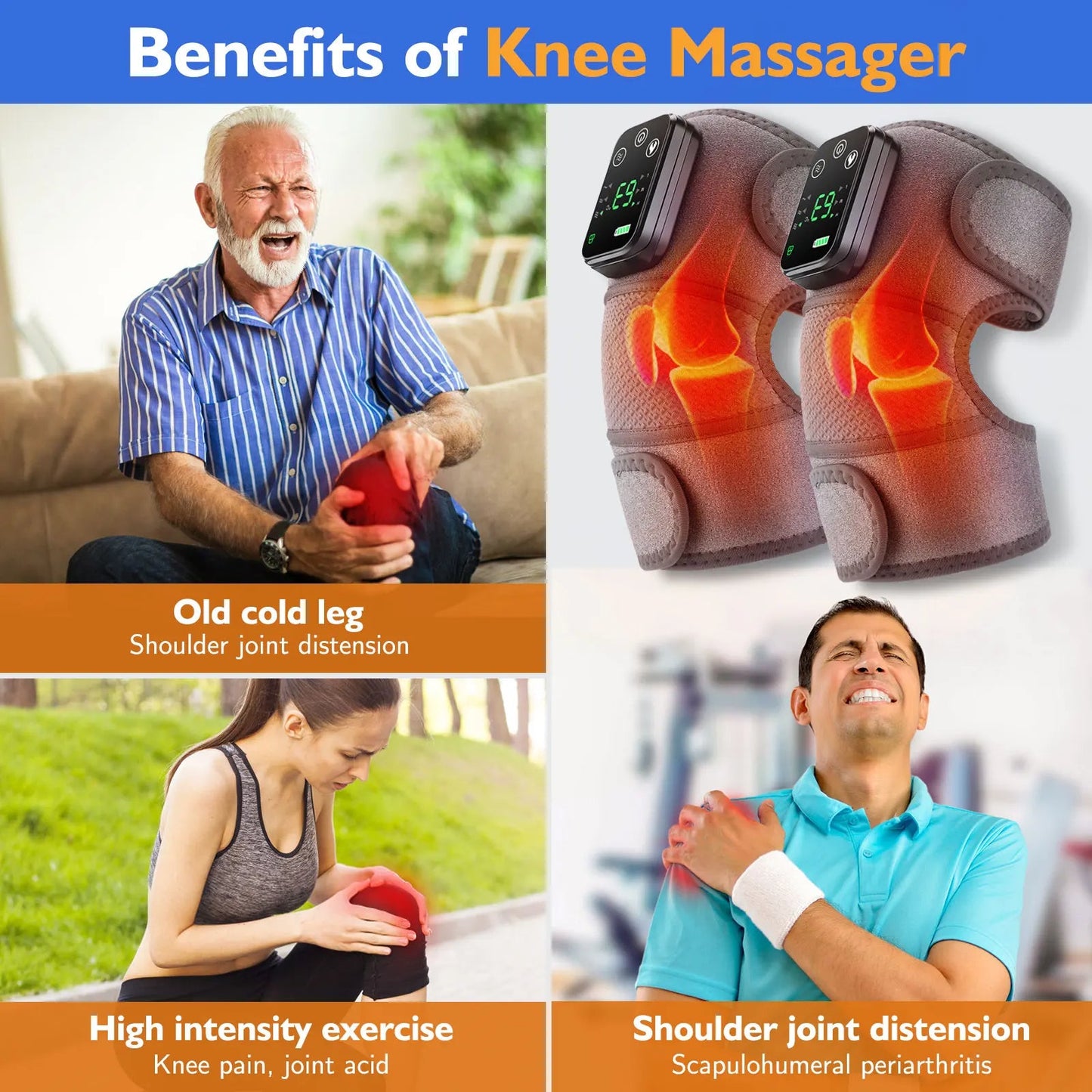 3 i 1 Elektrisk Värme Vibrations Knäledsbandage Terapi Axelsmärtlindring