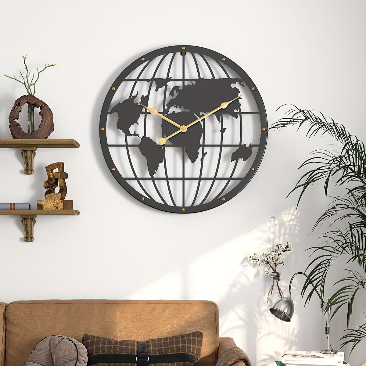 Världskarta Väggklocka - Tyst 40cm Metallklocka med Guld siffror