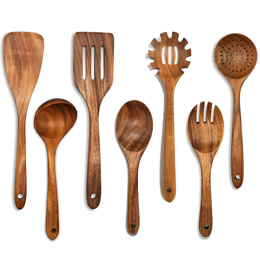 7-delars set köksredskap i trä – Värmetålig & Non-stick | Ideal för stekpanna och sallad