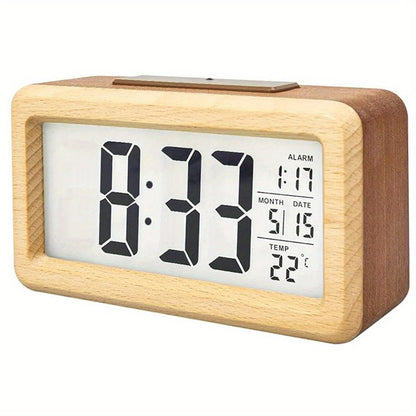 Trä Digital Väckarklocka – LED-display med Temperatur och Datum