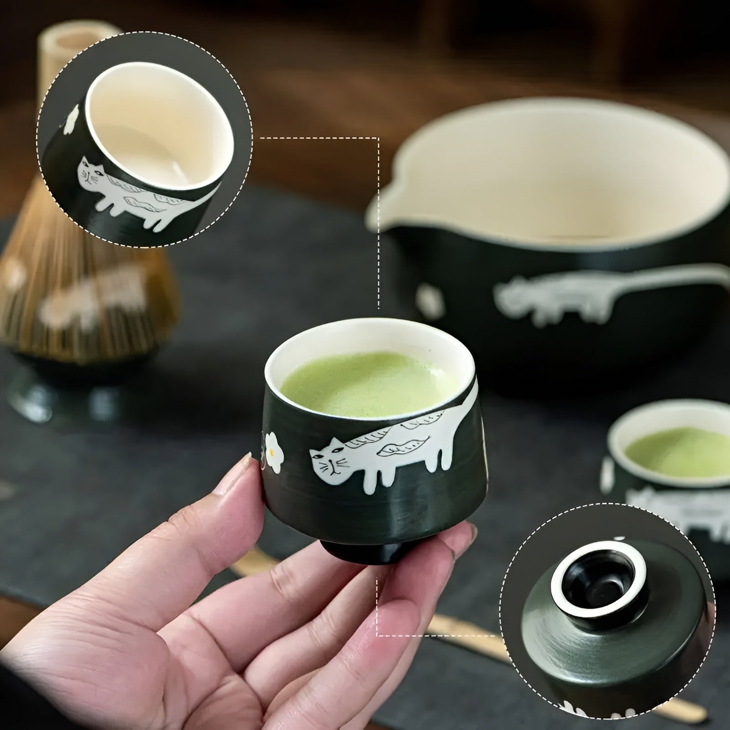 Matcha Set med kattdesign – Inklusive skål, bambusvisp &amp; sked | Perfekt present för teälskare