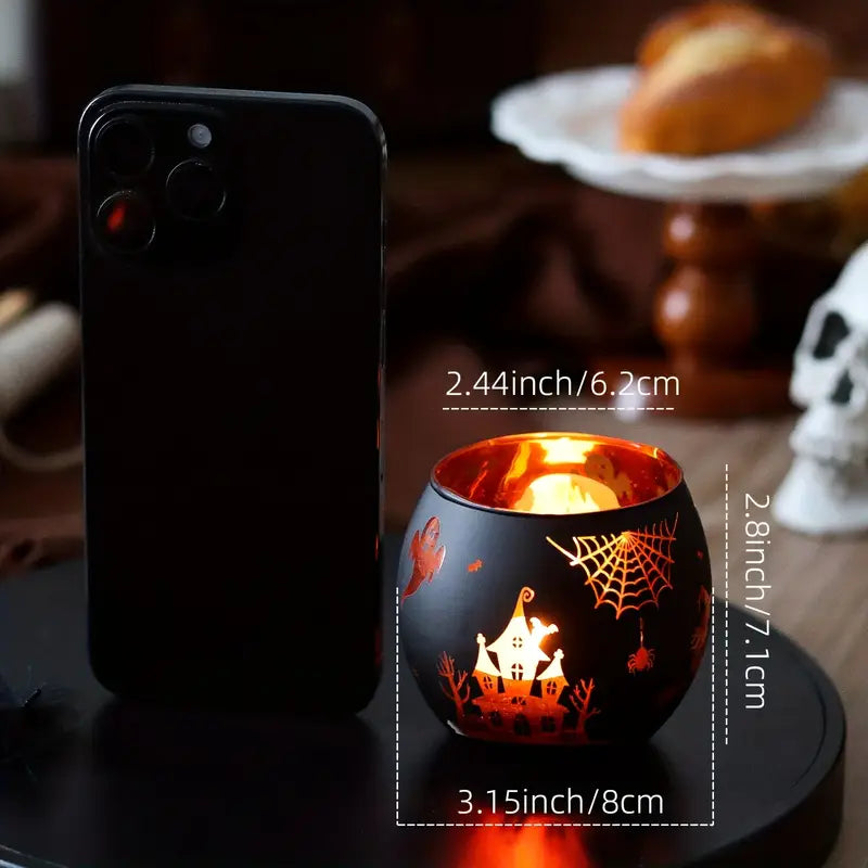 Halloween Kandlestake Set – 2-pack Glasdekoration med pumpa, spindel &amp; fladdermus