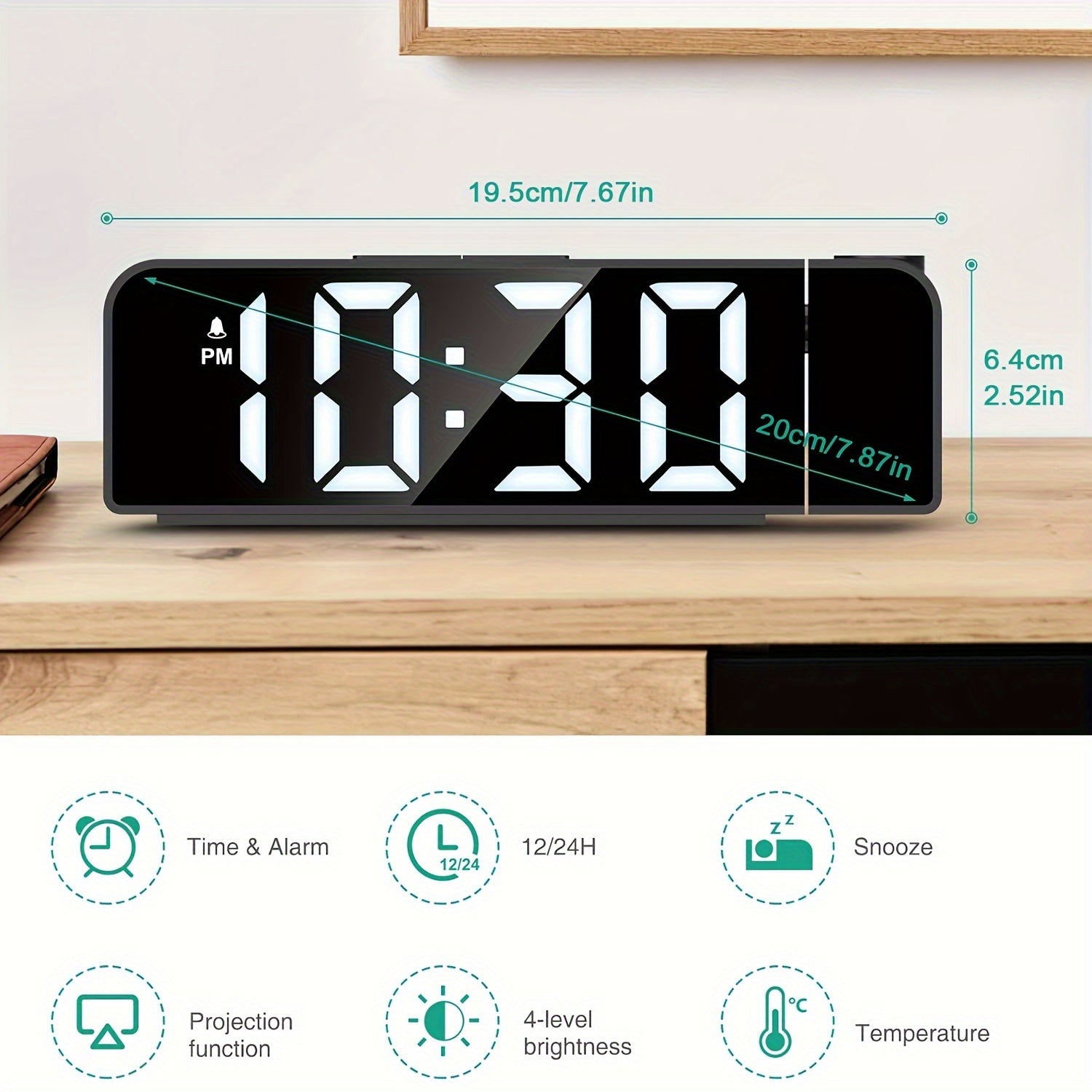 LED Projektionsväckarklocka – Temperatur- och datumsdisplay med USB-ström