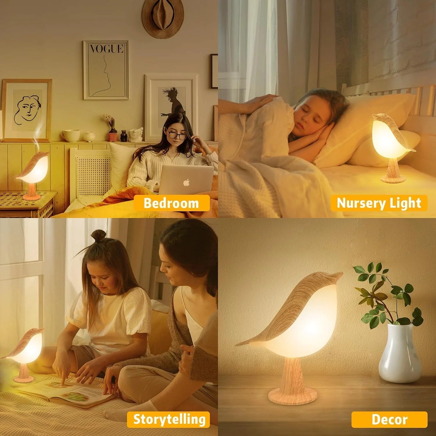 LuxRoyale Touch-Control Diffuser Fågel Nattljus - Uppladdningsbar LED Sänglampa
