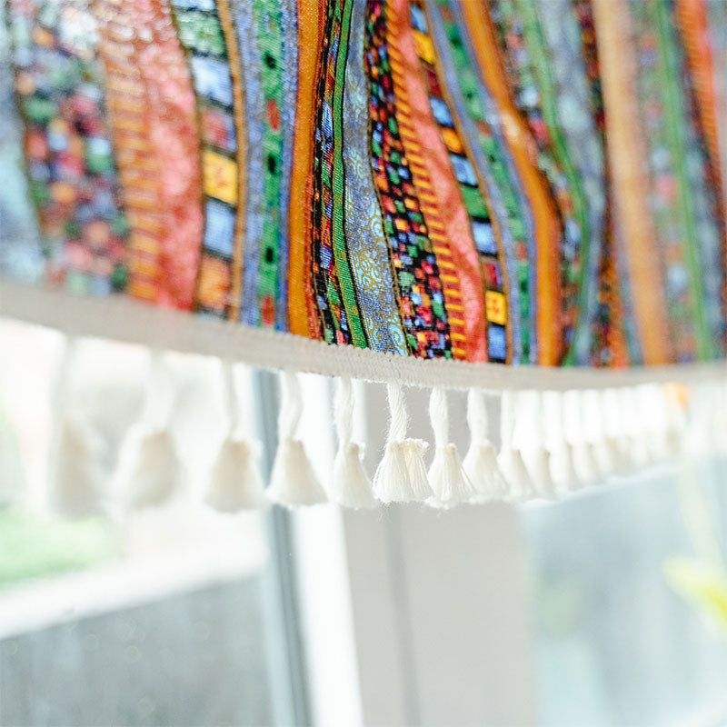 Färgglad Rutan Mönster Tofs Lager Gardin i Bomull Linne