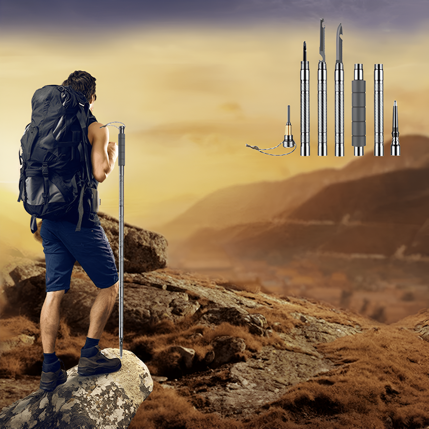 Carvallo TrekVario | Fällbar & Höjdjusterbar | Ultralätt av aluminium | 106–130 cm | Inkl. Terrängtillbehör