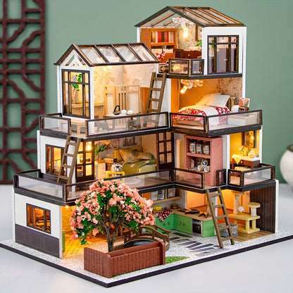 Miniatyr Villa 3D Pussel Kit – Handgjord Modell med LED-belysning och Detaljerad Interiör