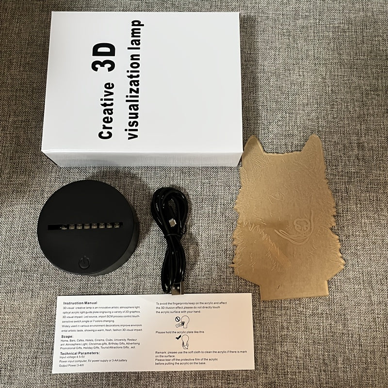 WolfLicht - 3D Nattlampa med Touchkontroll och Svart Bas