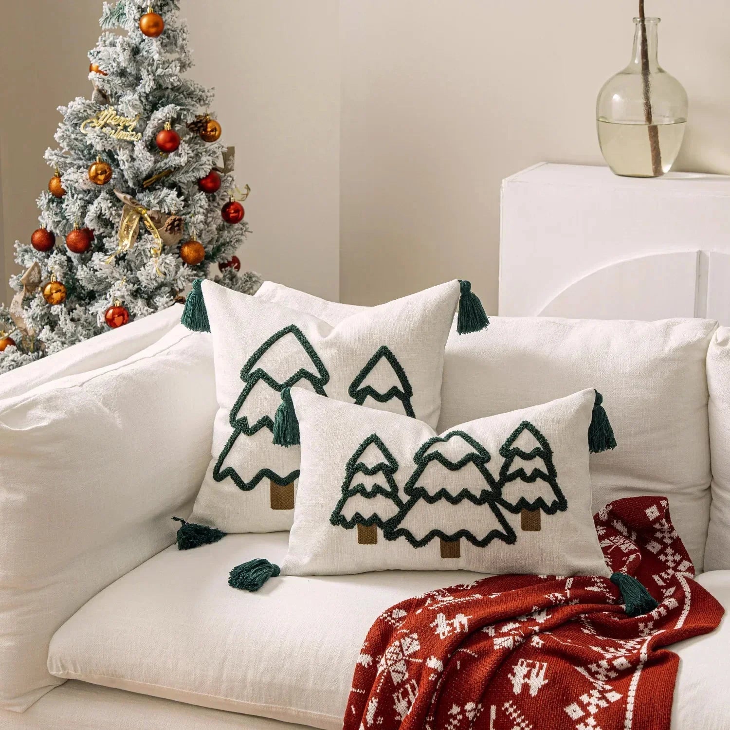 Broderad julgran kuddöverdrag i bomullscanvas