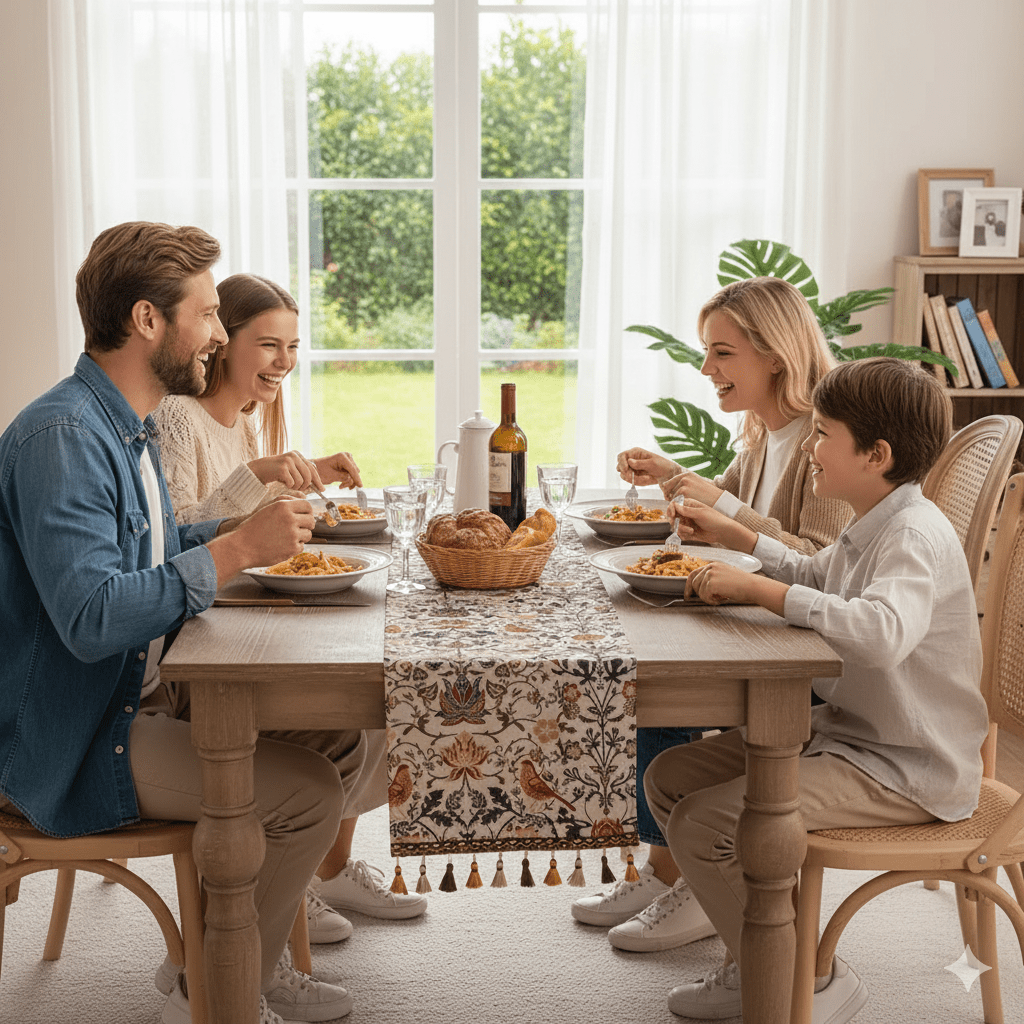 EVERBLOOM LINENS – Elegant bordsduk med jacquardmotiv av blommor och fåglar