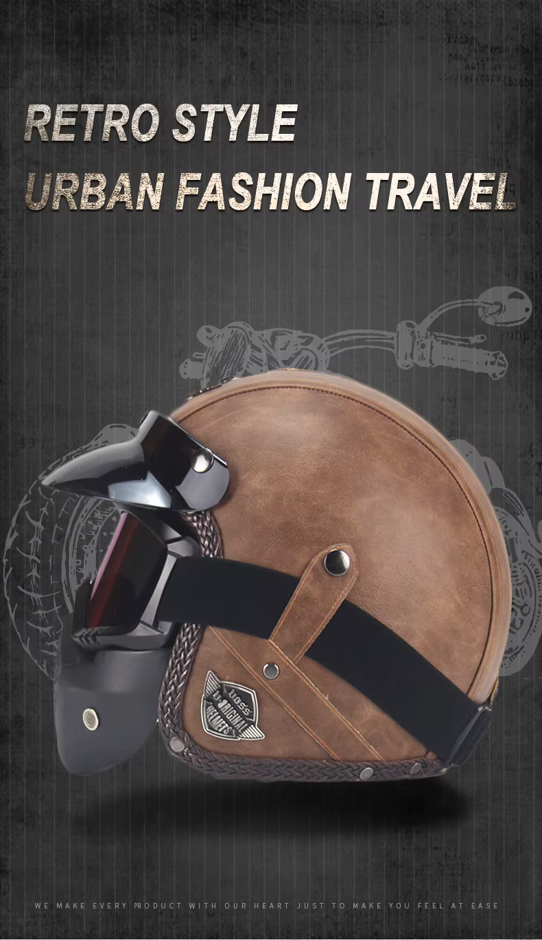 Royaleva Retro Vintage Motorcykelhjälm Öppen Ansikte Med Goggle Mask