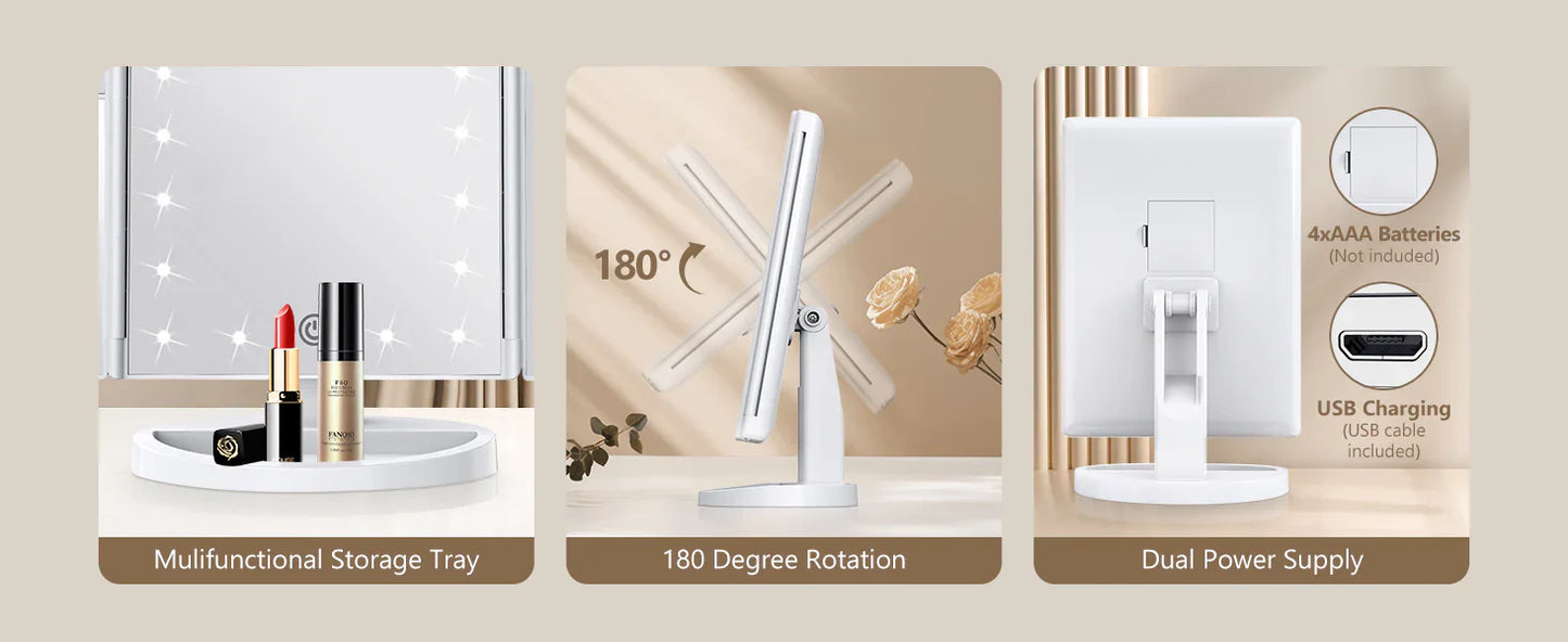 Luxora Tri-Fold Led Smink Spegel Med Ljus 2X 3X 10X