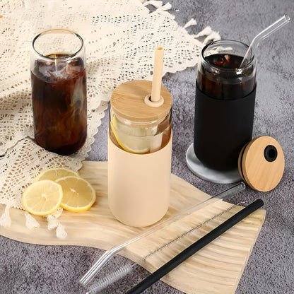 Dricksglas med sugrör – 2-delars set med trälock &amp; silikonhållare | Perfekt för kaffe, juice &amp; smoothies