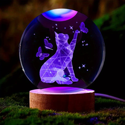 CrystalGlow - 3D Katt & Fjäril Kristallboll Nattlampa med Träfot