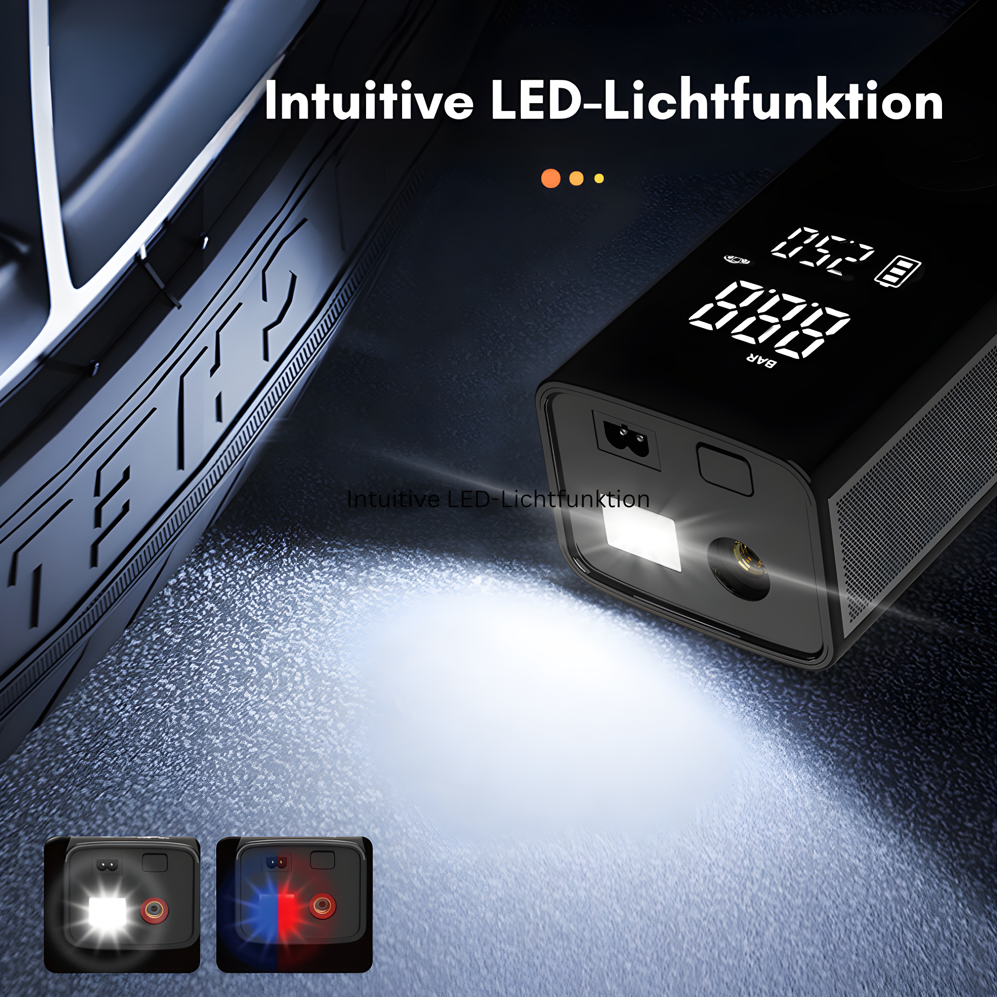 Carvallo Luftpump VeloCharge One | 150 PSI | Powerbank &amp; LED-Lampa | 4000 mAh Batteri | USB-C | 16×4,4×6,7 cm