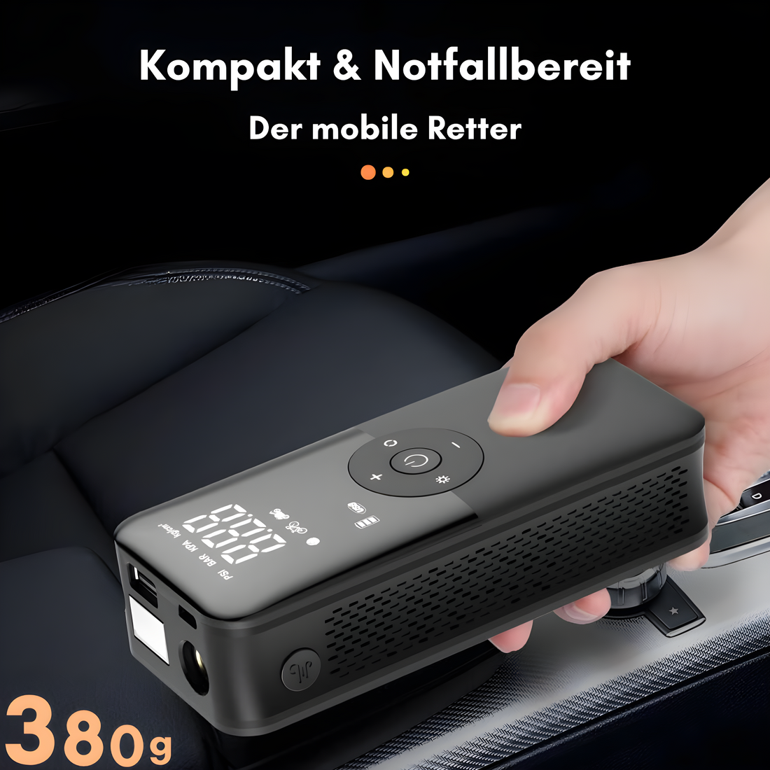 Carvallo Luftpump VeloCharge One | 150 PSI | Powerbank &amp; LED-Lampa | 4000 mAh Batteri | USB-C | 16×4,4×6,7 cm