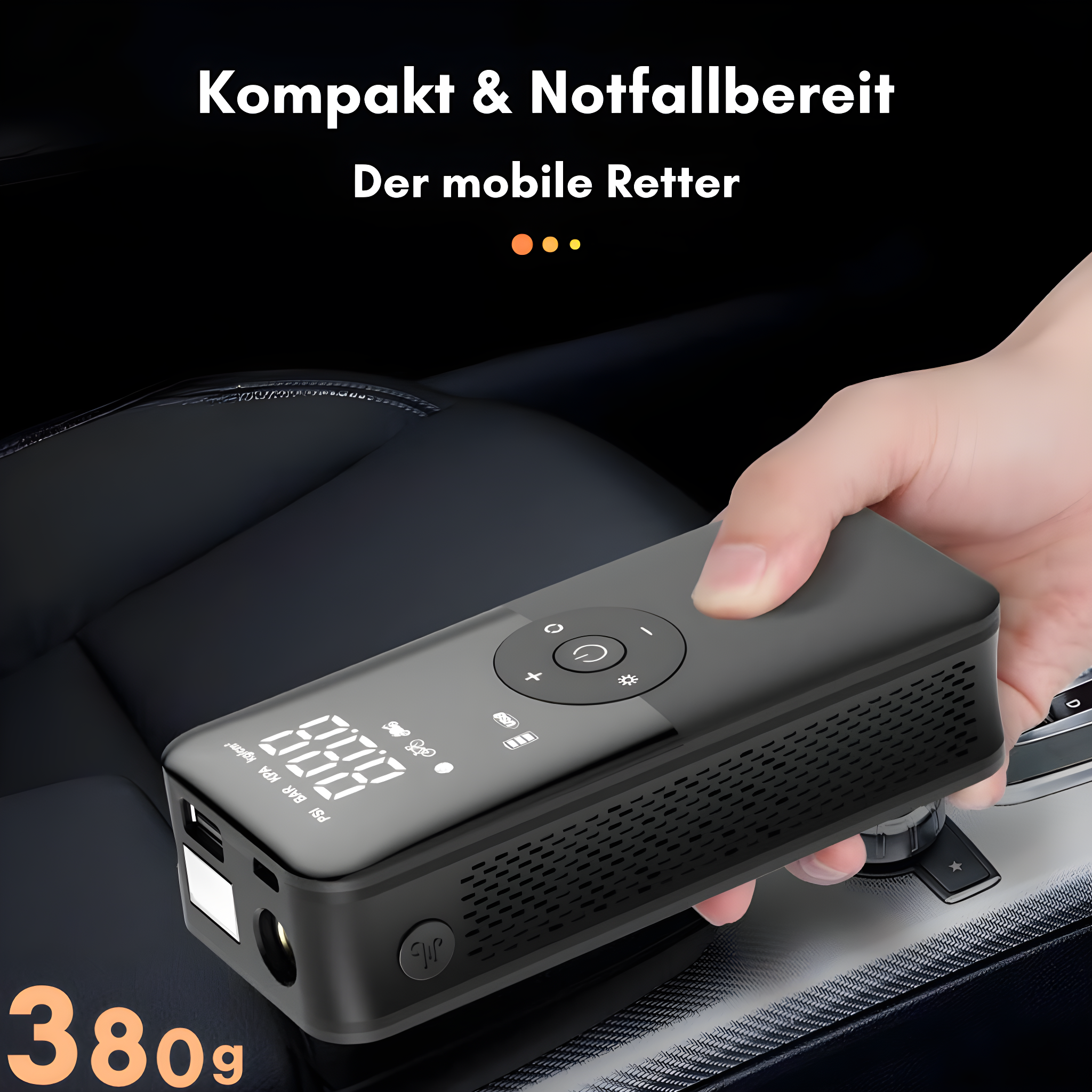 Carvallo Luftpump VeloCharge One | 150 PSI | Powerbank &amp; LED-Lampa | 4000 mAh Batteri | USB-C | 16×4,4×6,7 cm