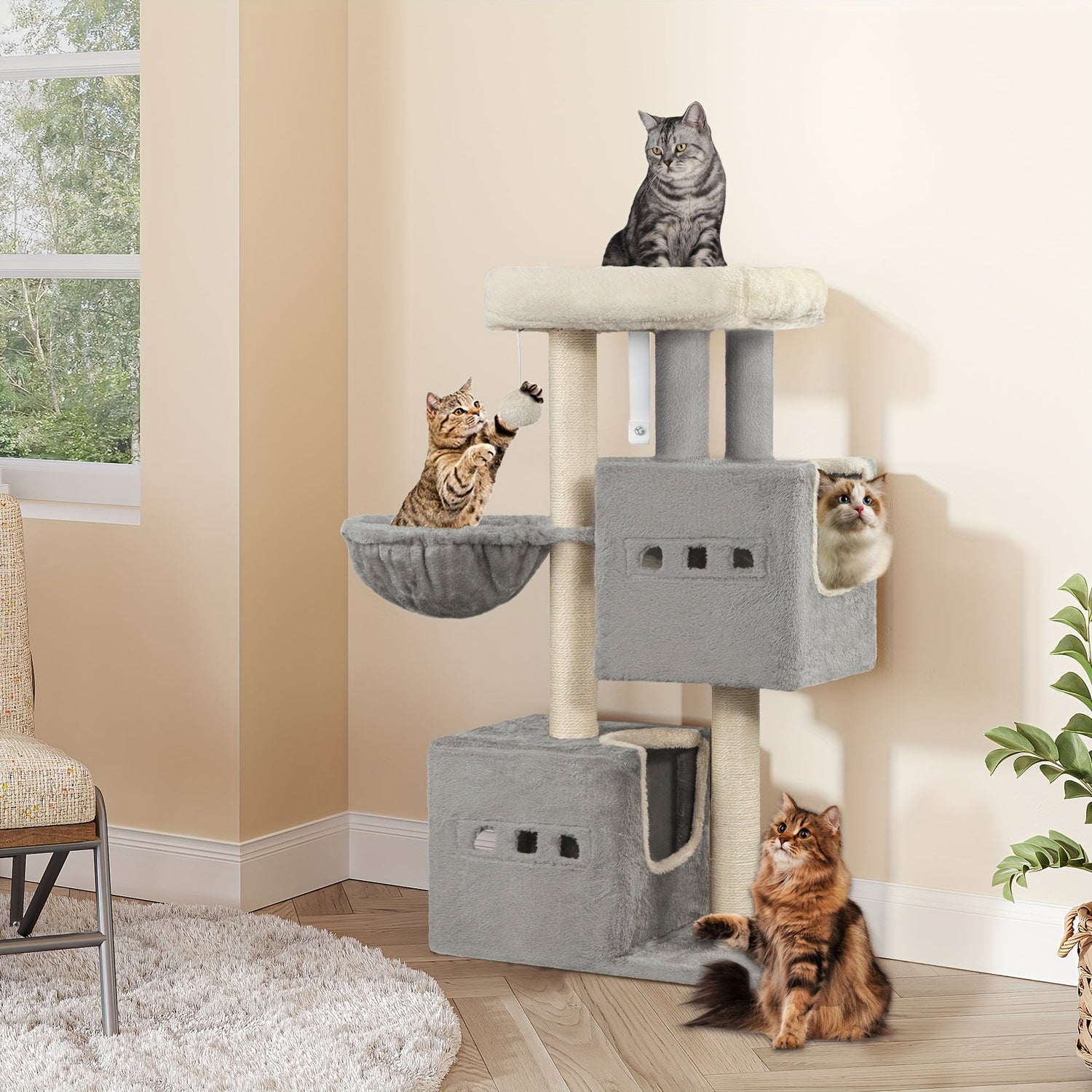 Flerfärgad Kattträd med Klösstolpe och Mysiga Grottor