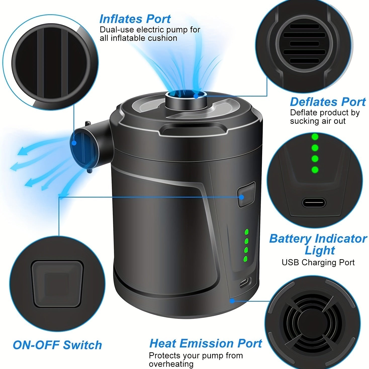 Carvallo Luftpumpe AirTrek Mini | USB-uppladdningsbar &amp; Trådlös | Kompakt &amp; Robust | För Luftmadrasser &amp; Utomhus