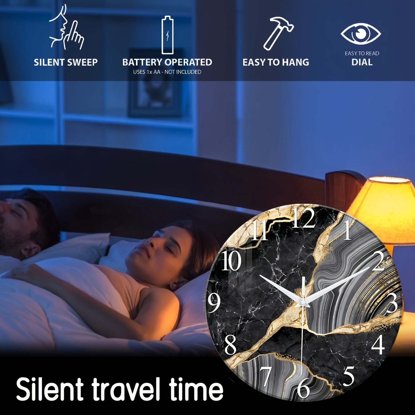 Modern 12-tum glasväggklocka med mönster av marmor - Stilig och batteridriven, perfekt för vardagsrum och sovrum (utan batteri)