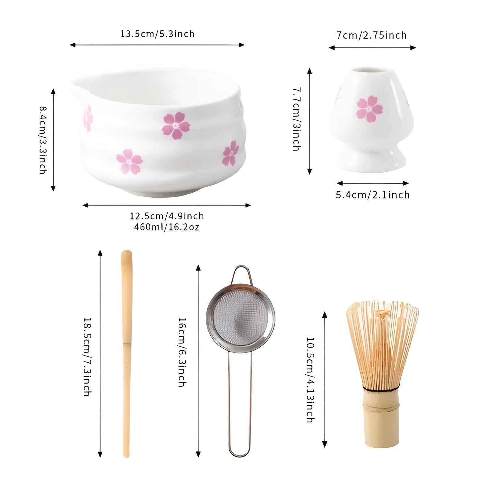 Matcha-set med 5 delar – Japanskt teservice med tekopp, bambupensel och sil.