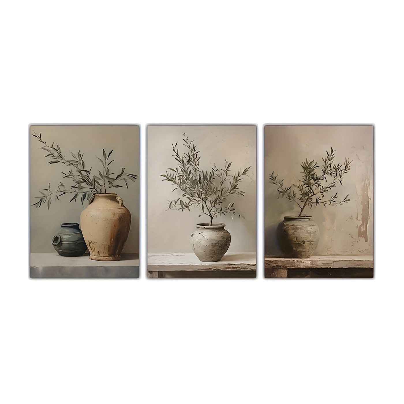 OliveVase Canvas Art - Vintage Minimalist 3-delad Botanisk Väggkonst