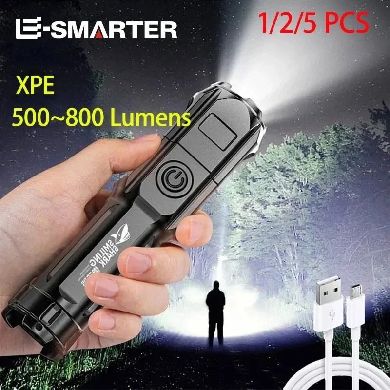 Kraftfull LED-ficklampa med zoom Återuppladdningsbar USB campinglampa