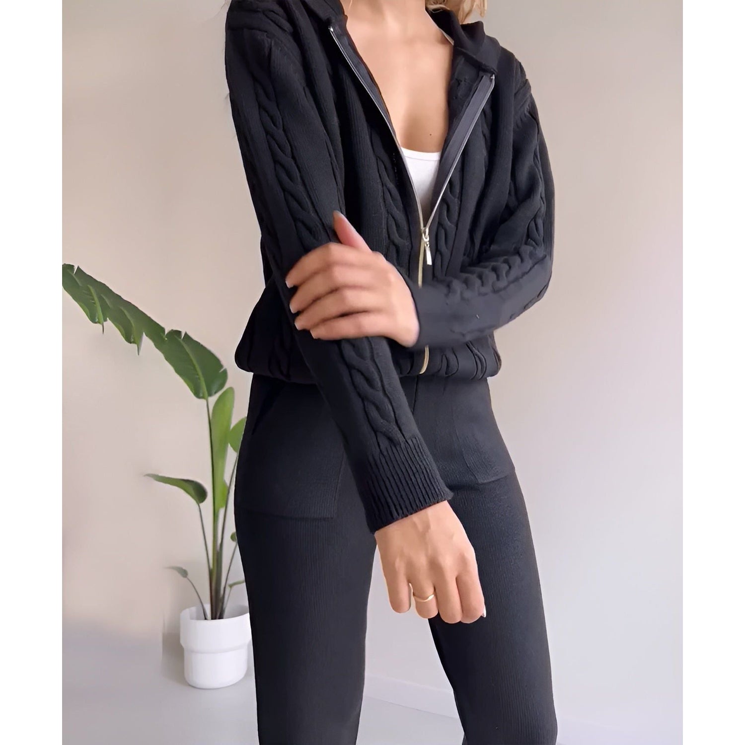 Millie Set - Stickad tvådelad hemmakostym för kvinnor (Mysig tröja + Byxor)