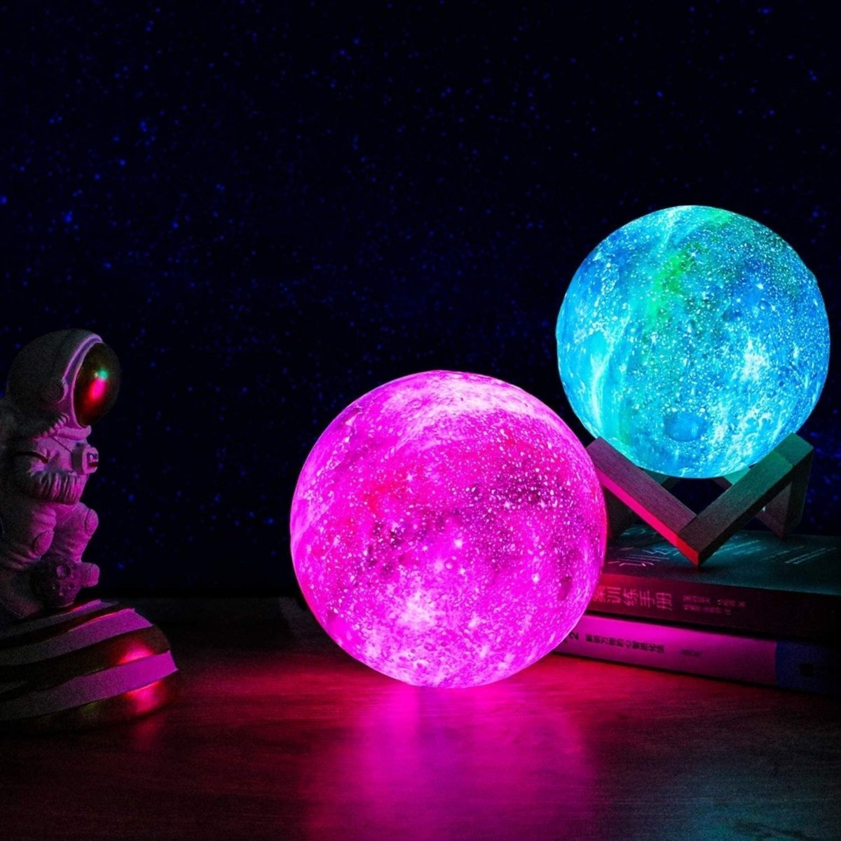 Galaxy Moon Lamp - 3D tryckt månljus med 16 färger, trähållare och fjärrkontroll