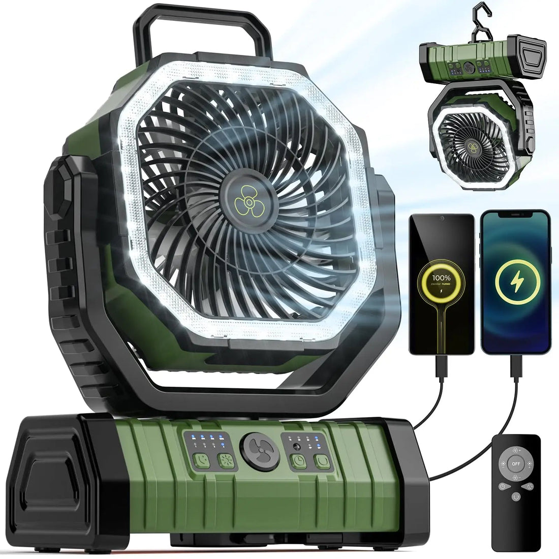 20000mAh uppladdningsbar campingfläkt med LED-lampa och USB-strömbank