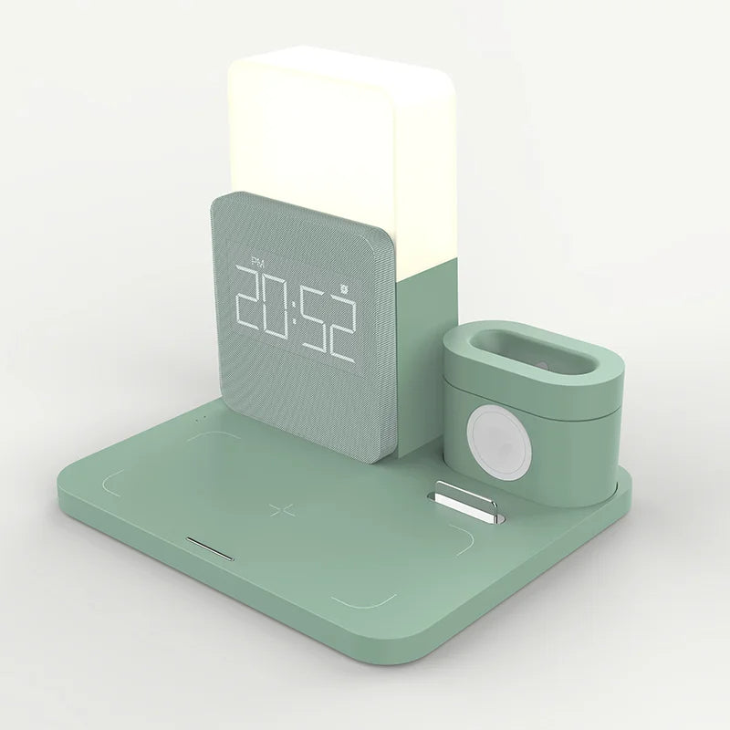 4 i 1 Snabb Trådlös Laddningsstation Väckarklocka med Lampa för Apple