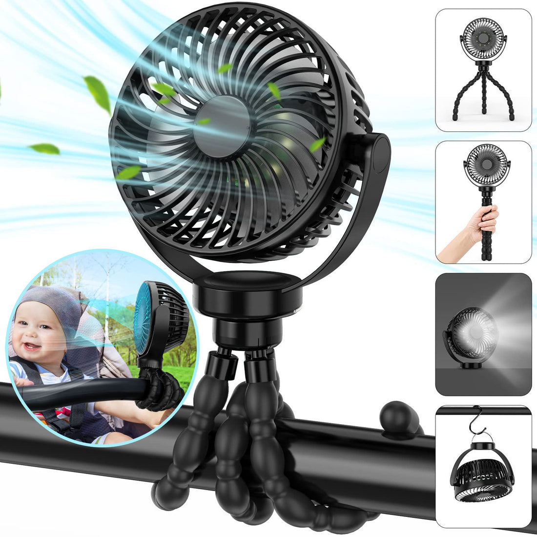 Carvallo Mobiler Akku-Ventilator 8000mAh | 360° roterande med LED-nattlampa | 4 hastigheter &amp; 27 timmars driftstid | USB-laddning