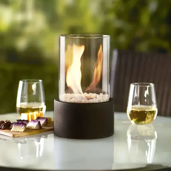 Bärbar flammtablettlykta | Gaskraftad med svart metall och glas | Inomhus- och utomhusambiance