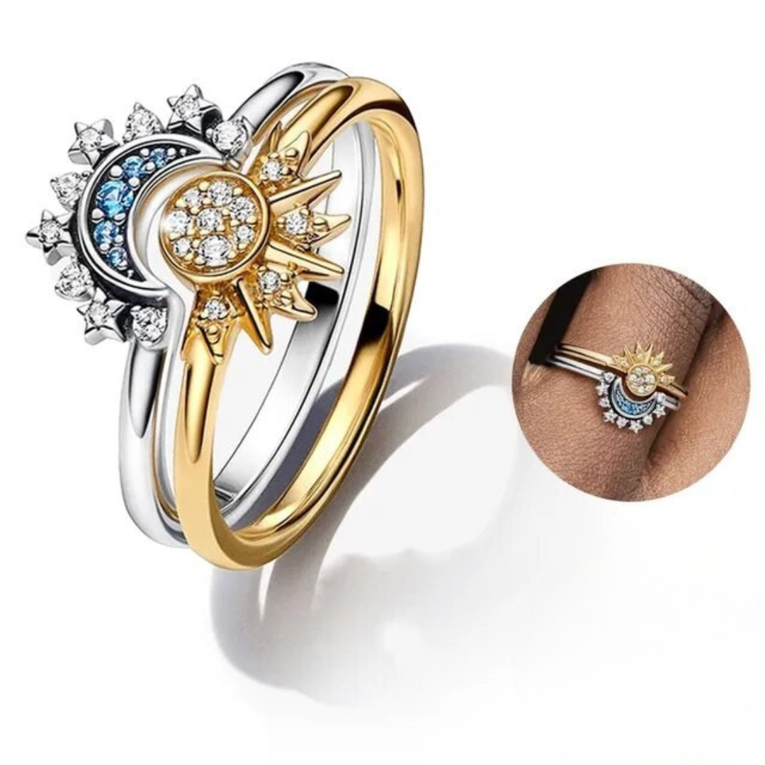 Kristalluttalande ring med sol- och måndesign