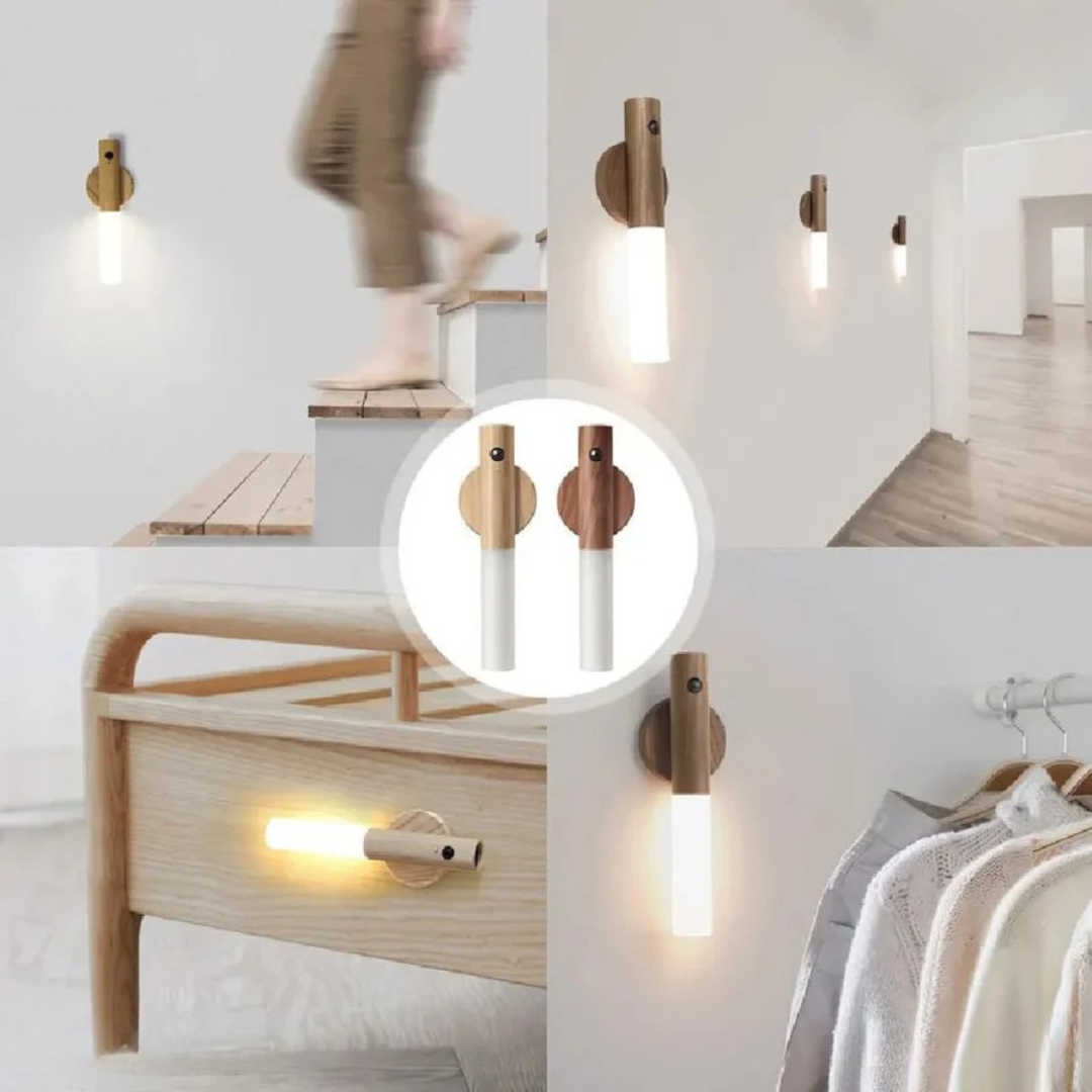 Vägglampa Trä Uppladdningsbar Rörelsesensor Lampa