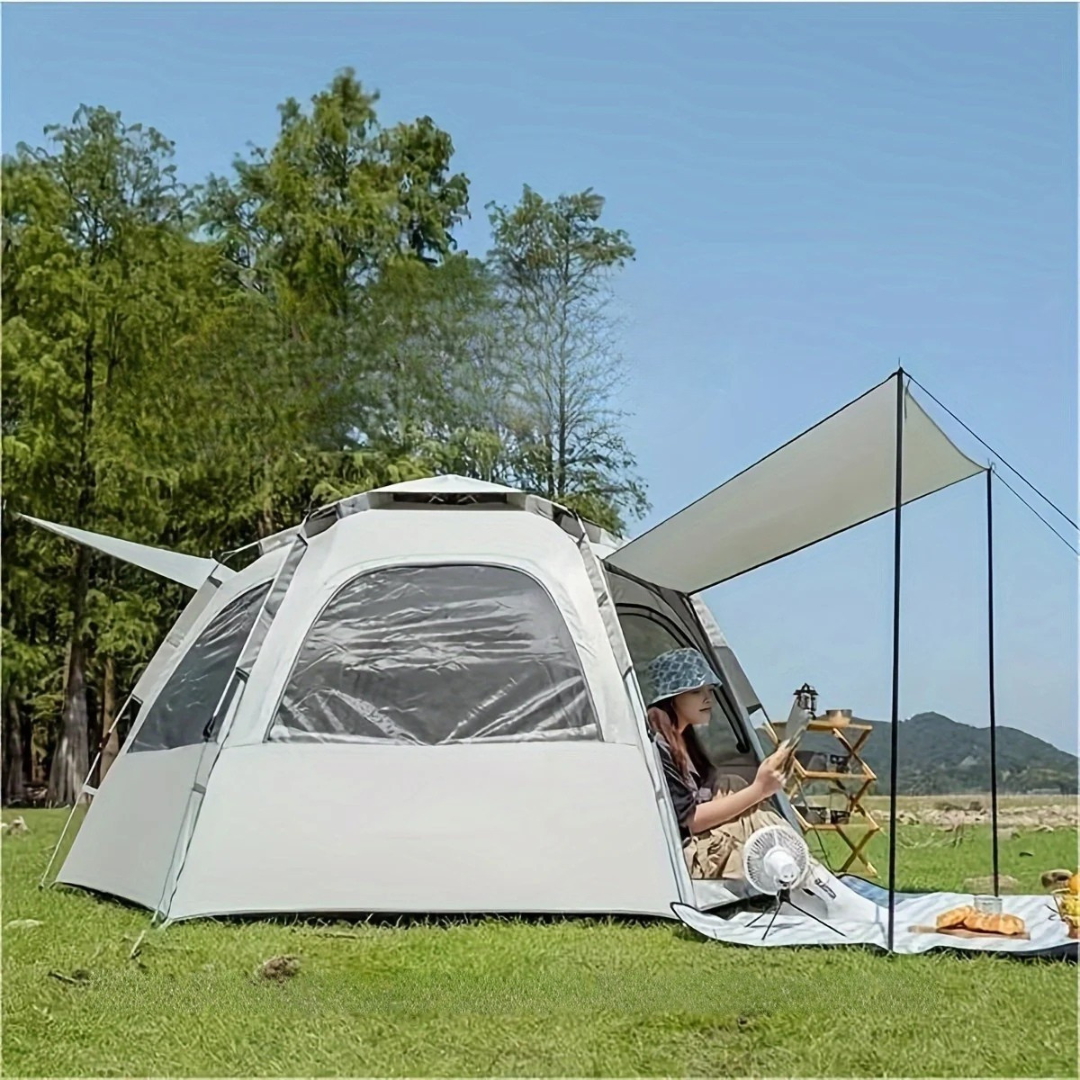 Vattentätt familjetält med pop up takfönster
