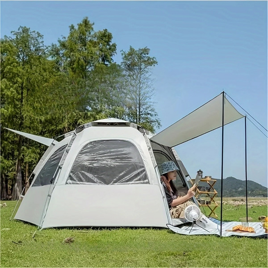 Vattentätt familjetält med pop up takfönster