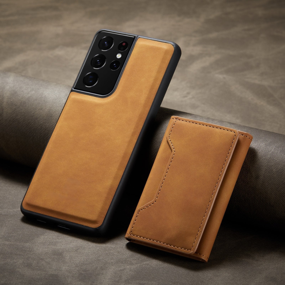 Telefonfodral med läderkortplåtsöverdrag