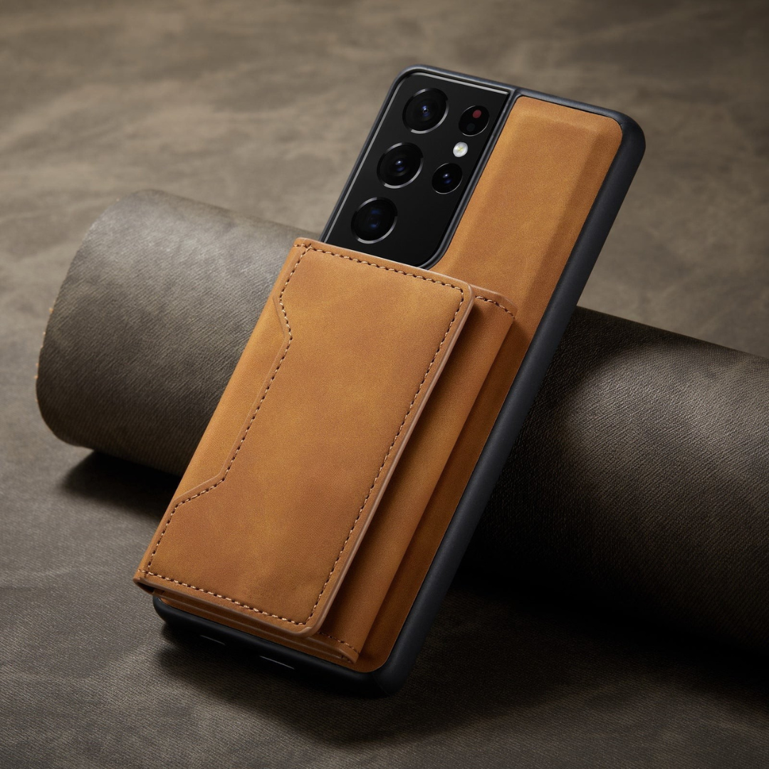 Telefonfodral med läderkortplåtsöverdrag