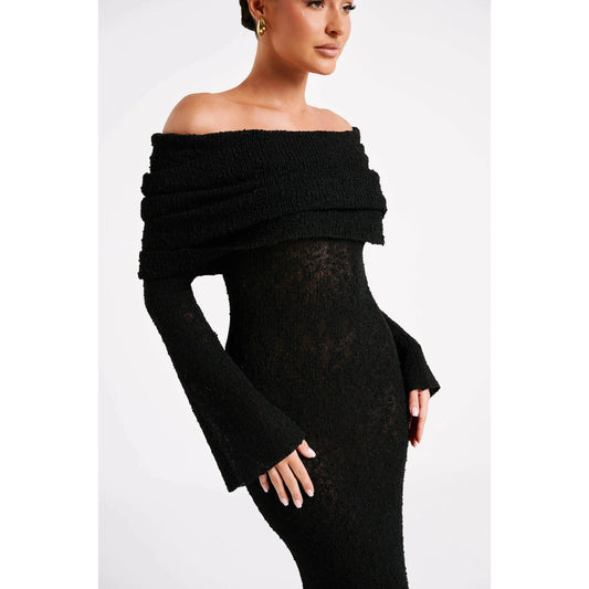 Anika Dress - Elegant bodycon knit dress with off-shoulder design