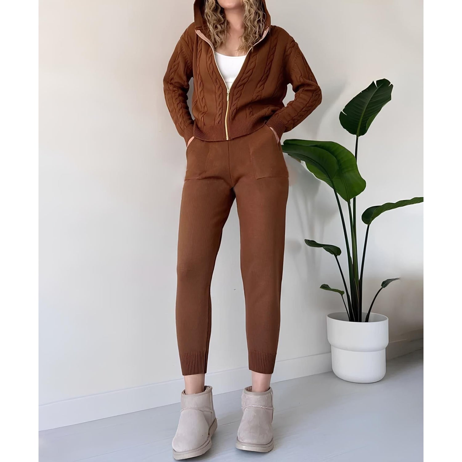 Millie Set - Stickad tvådelad hemmakostym för kvinnor (Mysig tröja + Byxor)