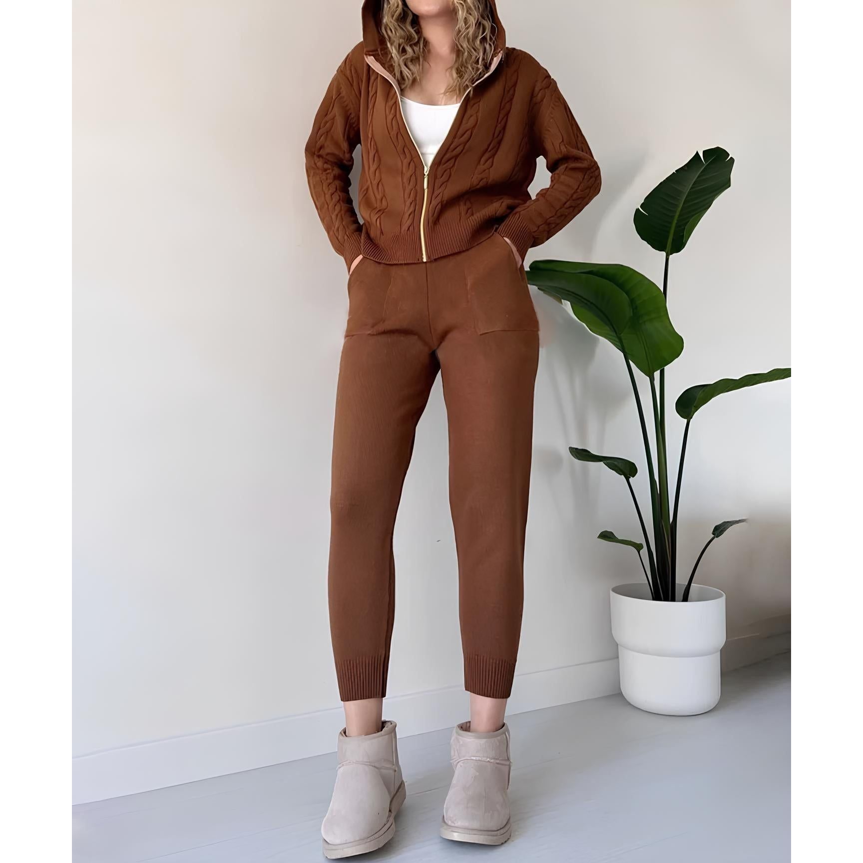 Millie Set - Stickad tvådelad hemmakostym för kvinnor (Mysig tröja + Byxor)