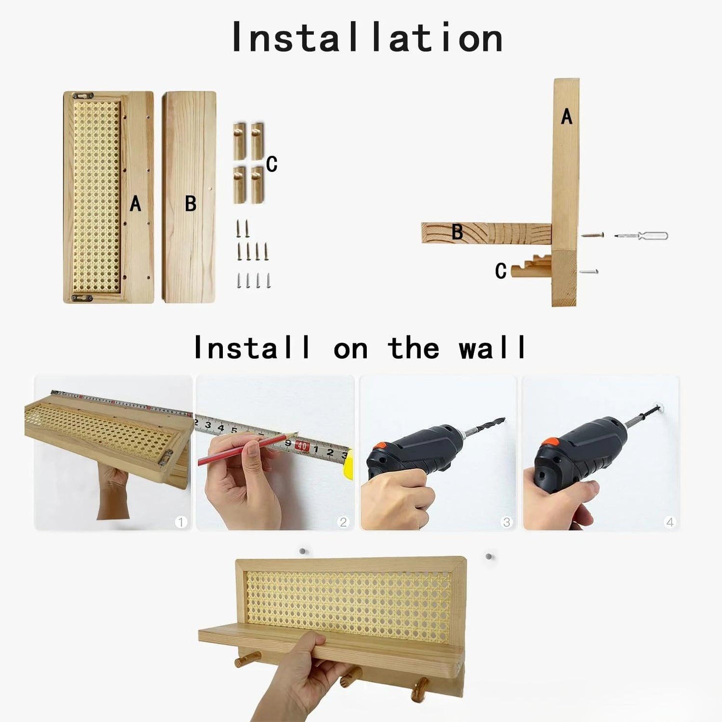 Carvallo - Vägghylla i trä och rotting