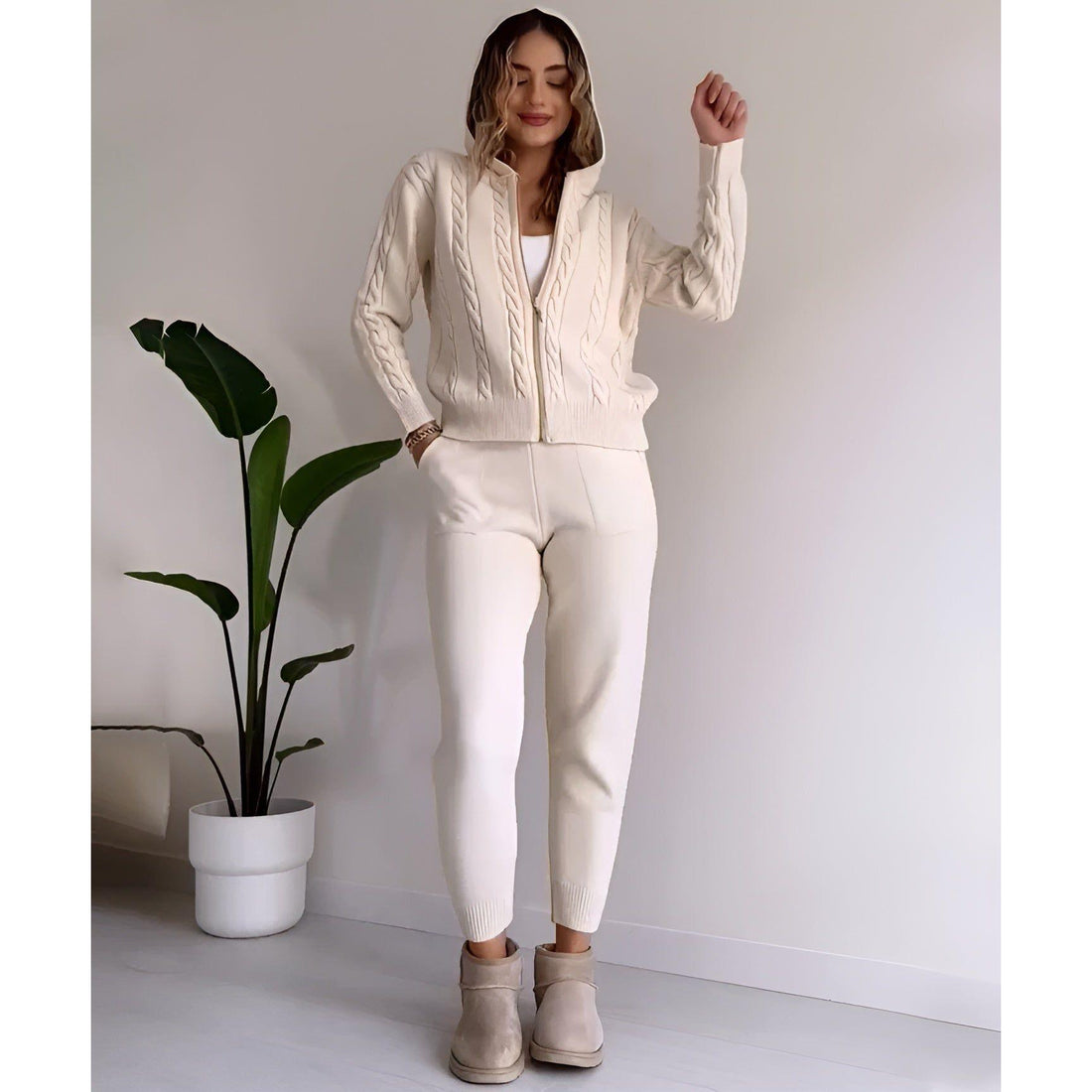 Millie Set - Stickad tvådelad hemmakostym för kvinnor (Mysig tröja + Byxor)