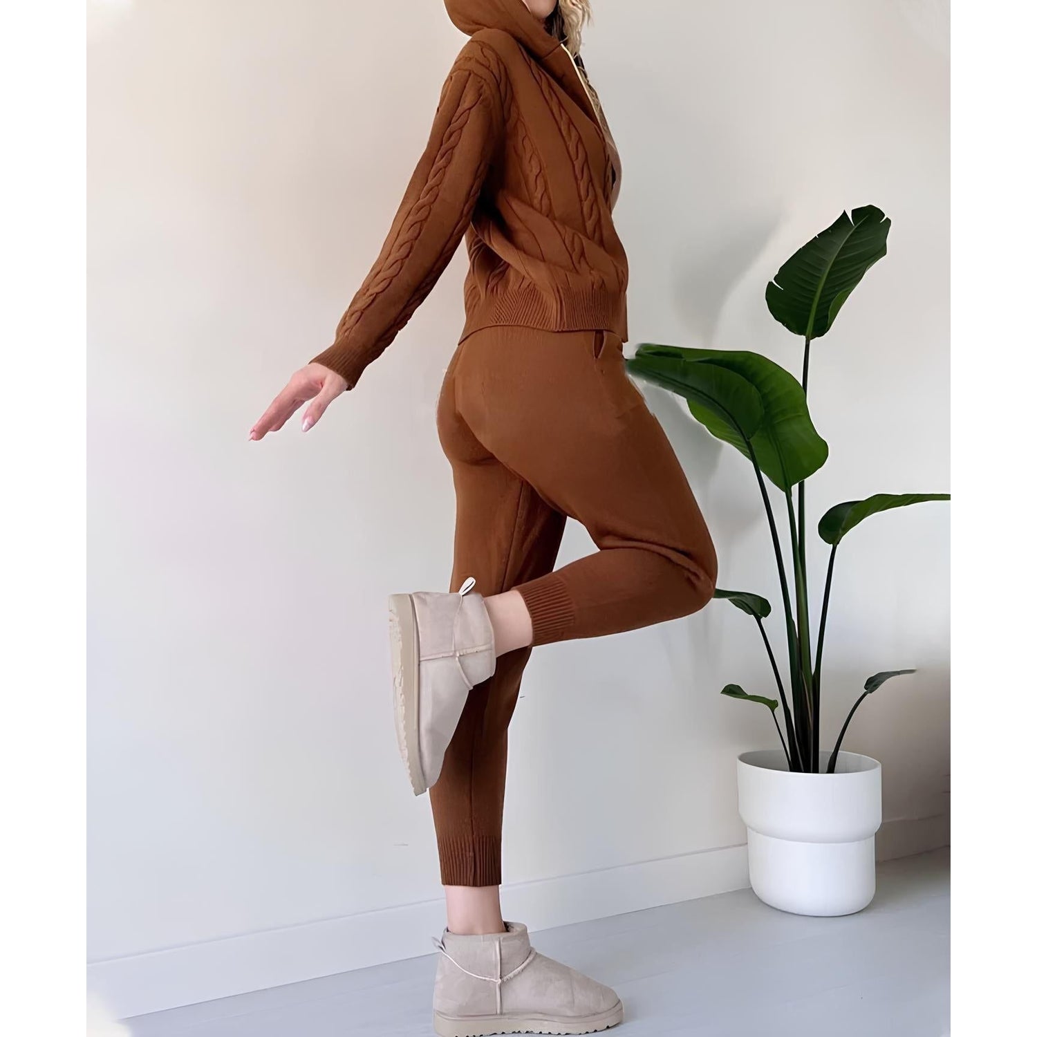 Millie Set - Stickad tvådelad hemmakostym för kvinnor (Mysig tröja + Byxor)