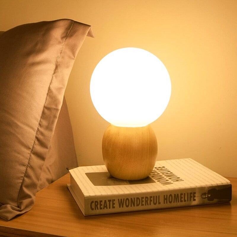 Trä LED Sänglampa med Klot Skärm för Vintage Stil