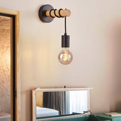 Svart industriell väggsänglampa med trähuvud