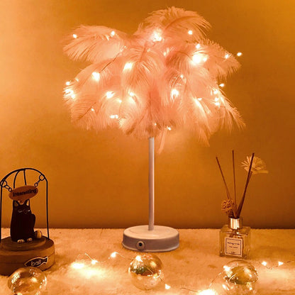Fjäder LED Sänglamp med Färgglada Fjädrar och Mjuk Ljus
