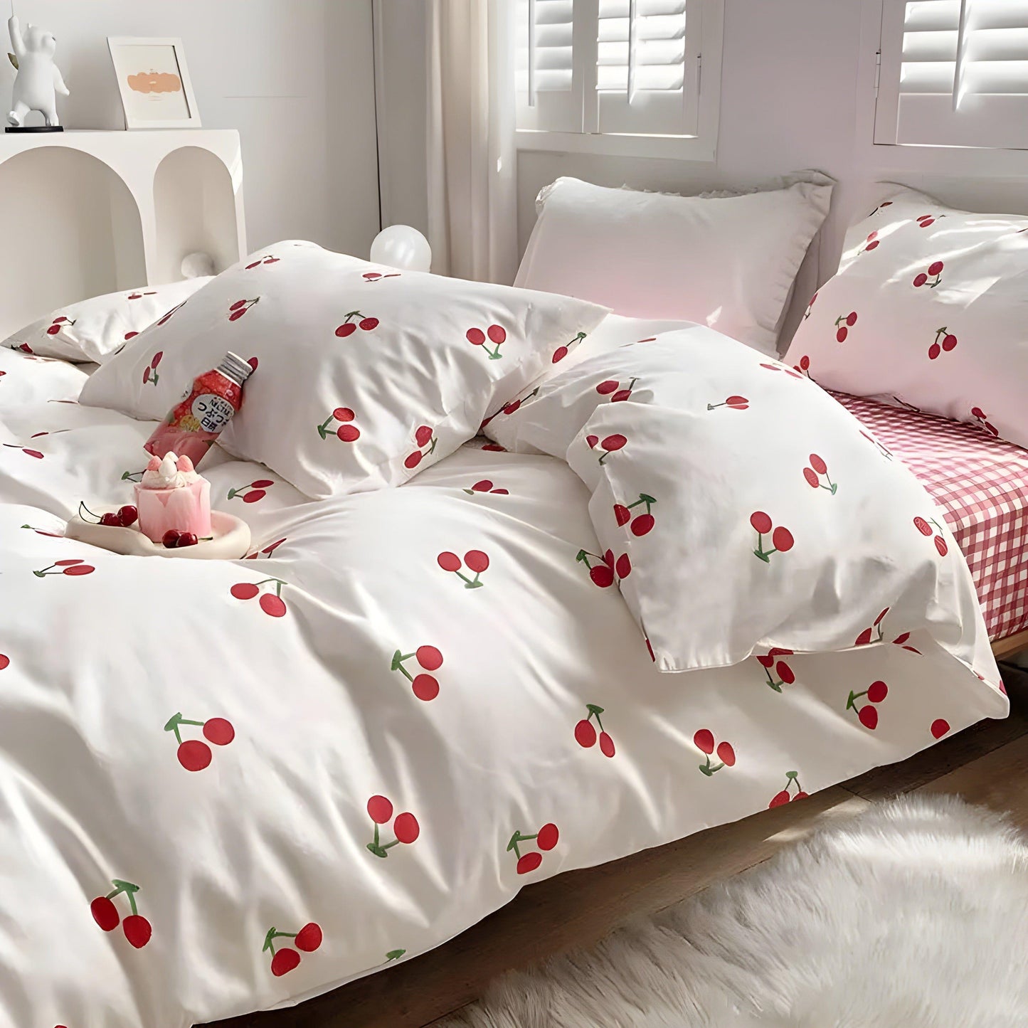 Röd Cherry Schackbräda Sängklädset För Flickor Pojkar Dubbelstorlek Flat Ark Duvet Täckande och Örngott Mjuk Säng Linne Hem Textil